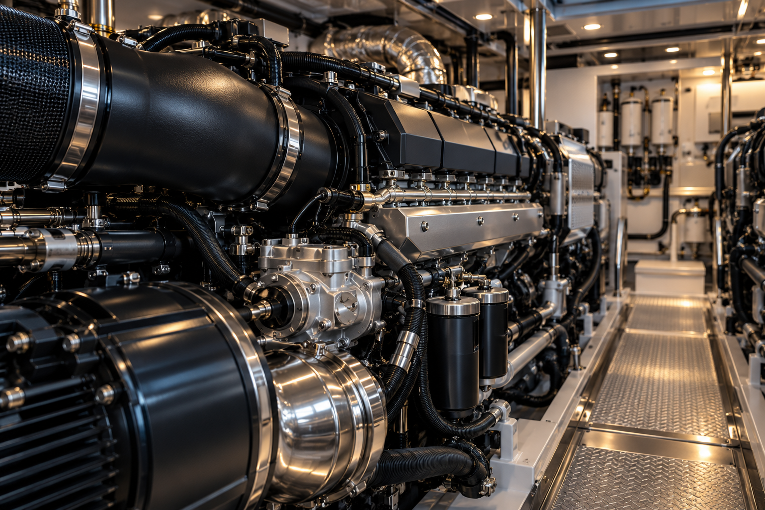 Close-up of marine diesel engine components